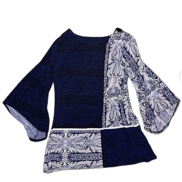 Size Large Alfani Pattern Drape Black Blue White Blouse - Picture 3 of 4